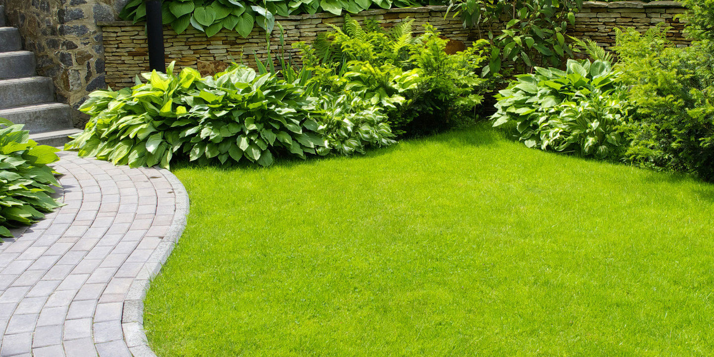 A lush, green garden with a white paved path curving through the lawn