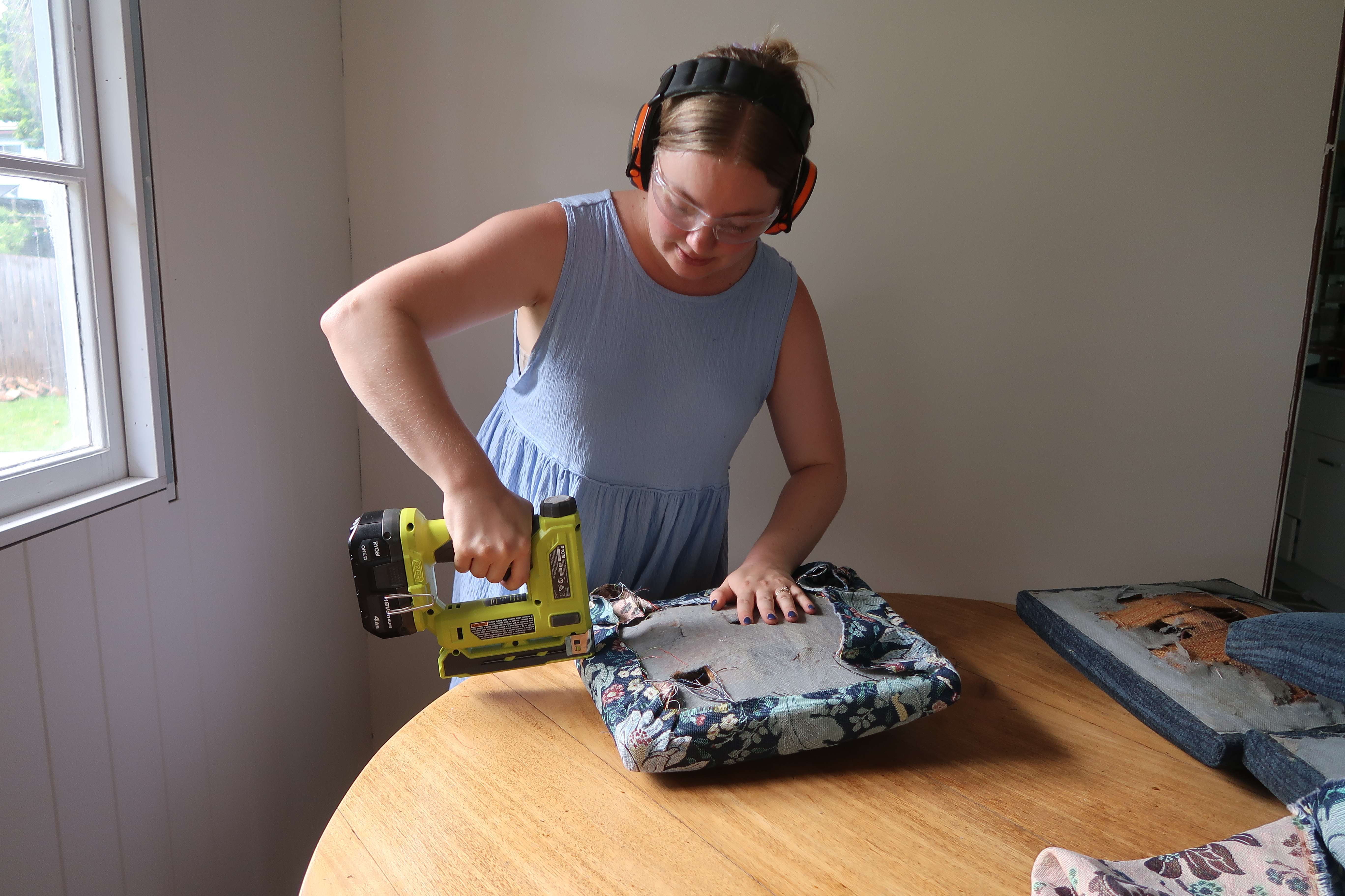 Secure fabric to seat cushion using RYOBI Cordless Stapler